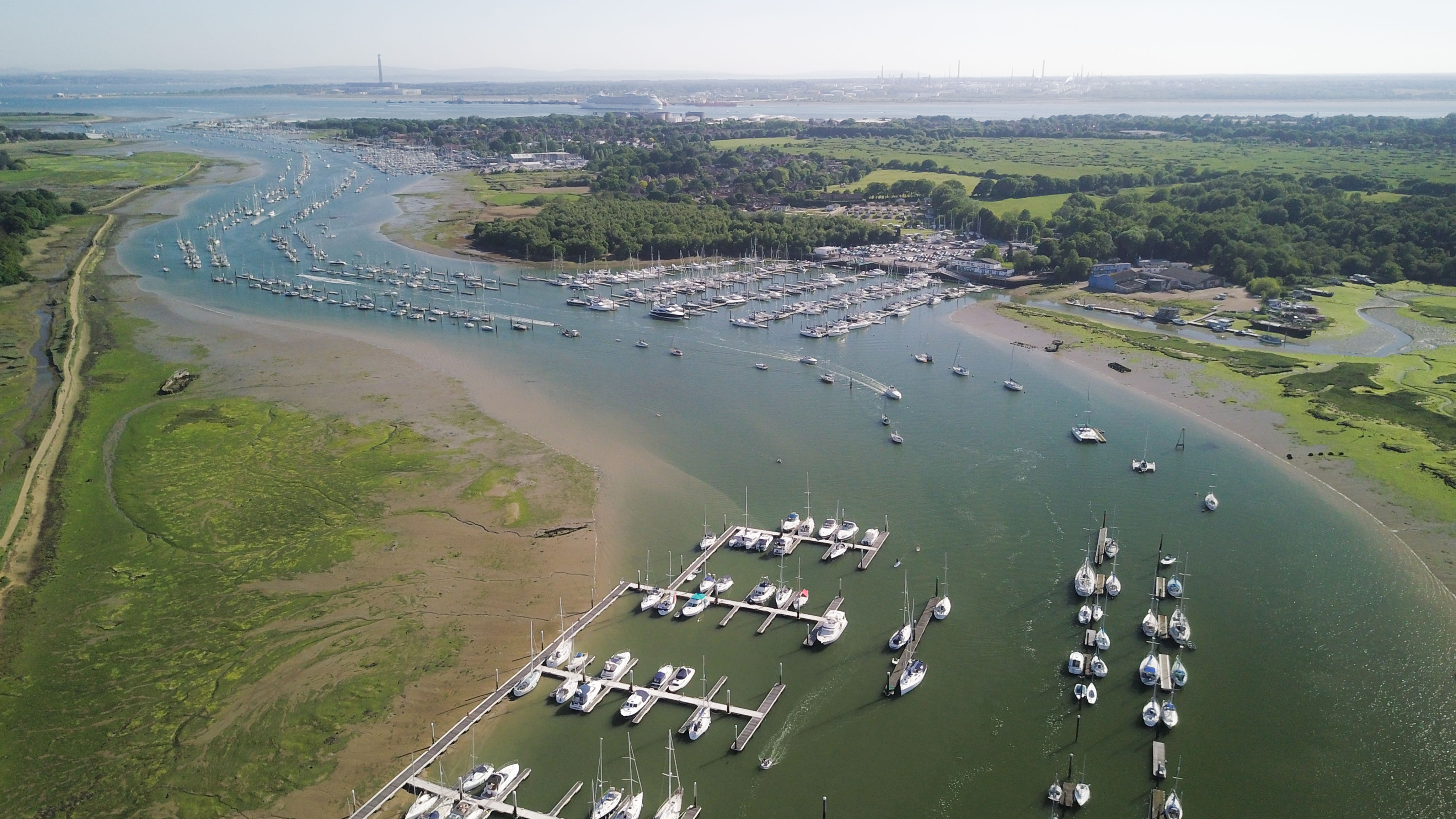 Aerial view of boats on the river Hamble, Southampton, UK