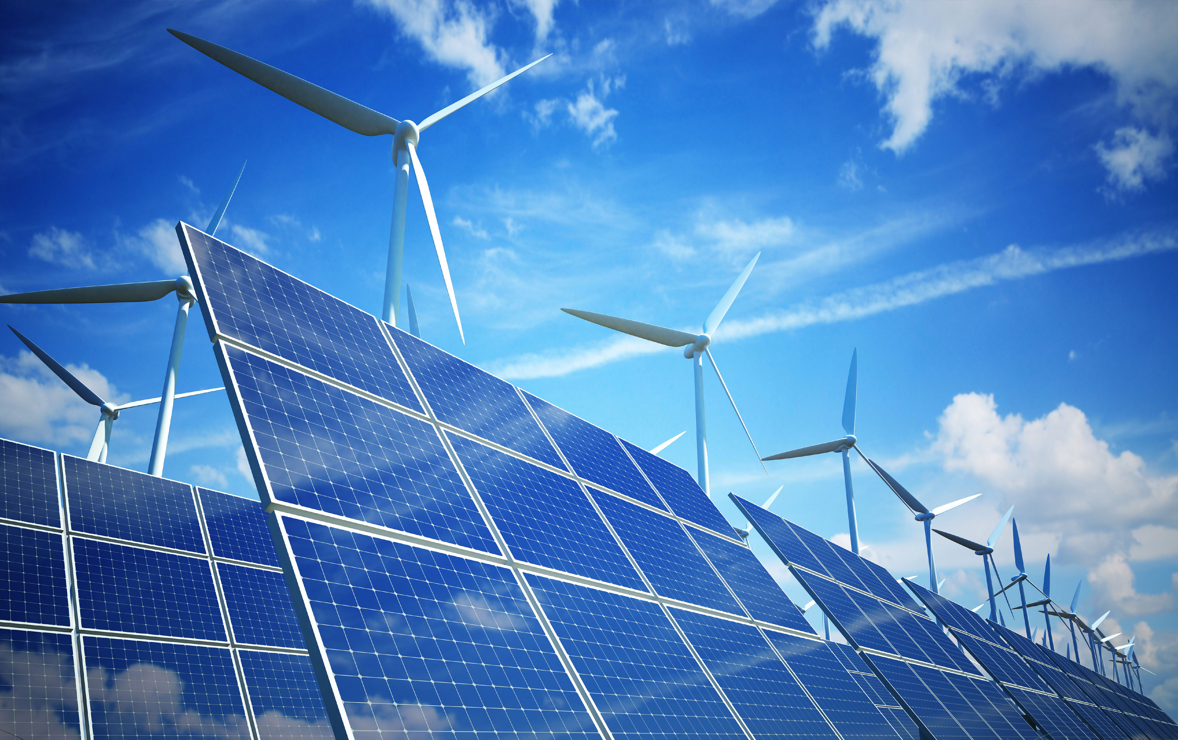 Wind turbines and solar panels produce Green Energy
